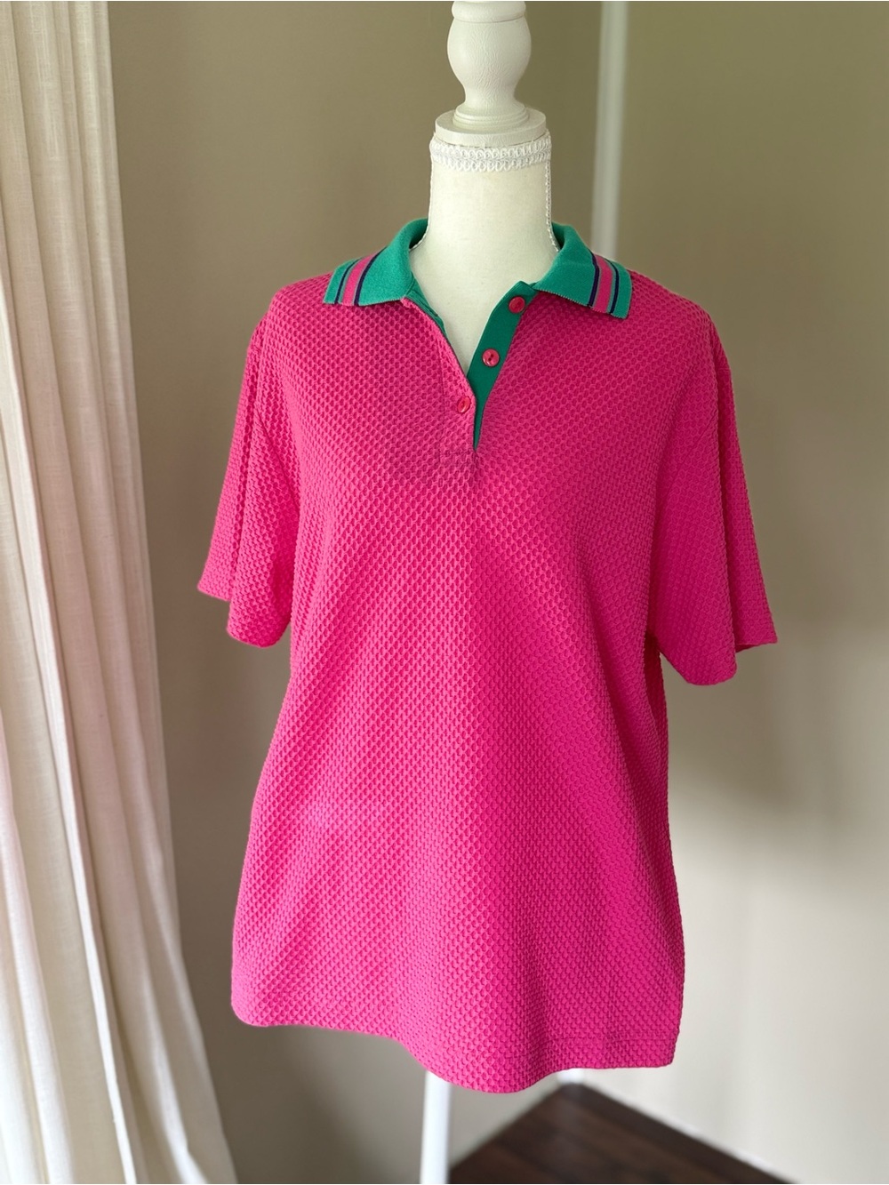 Vintage 90s Y2K Bright Pink Knit Polo with Green Contrasted Collar Golf Shirt - Picture 2 of 8